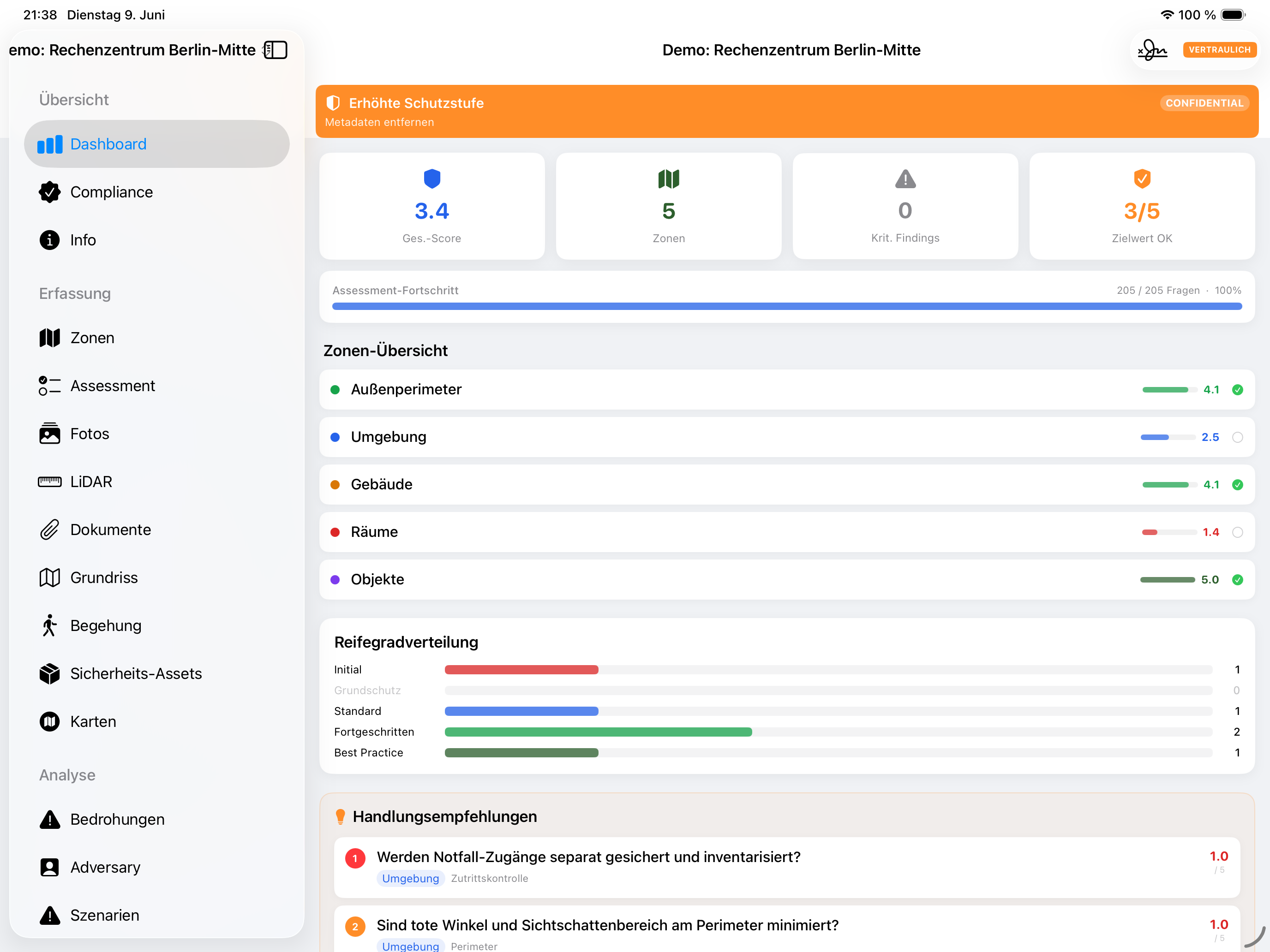 Perimea Dashboard mit Seitenmenü auf iPad Pro